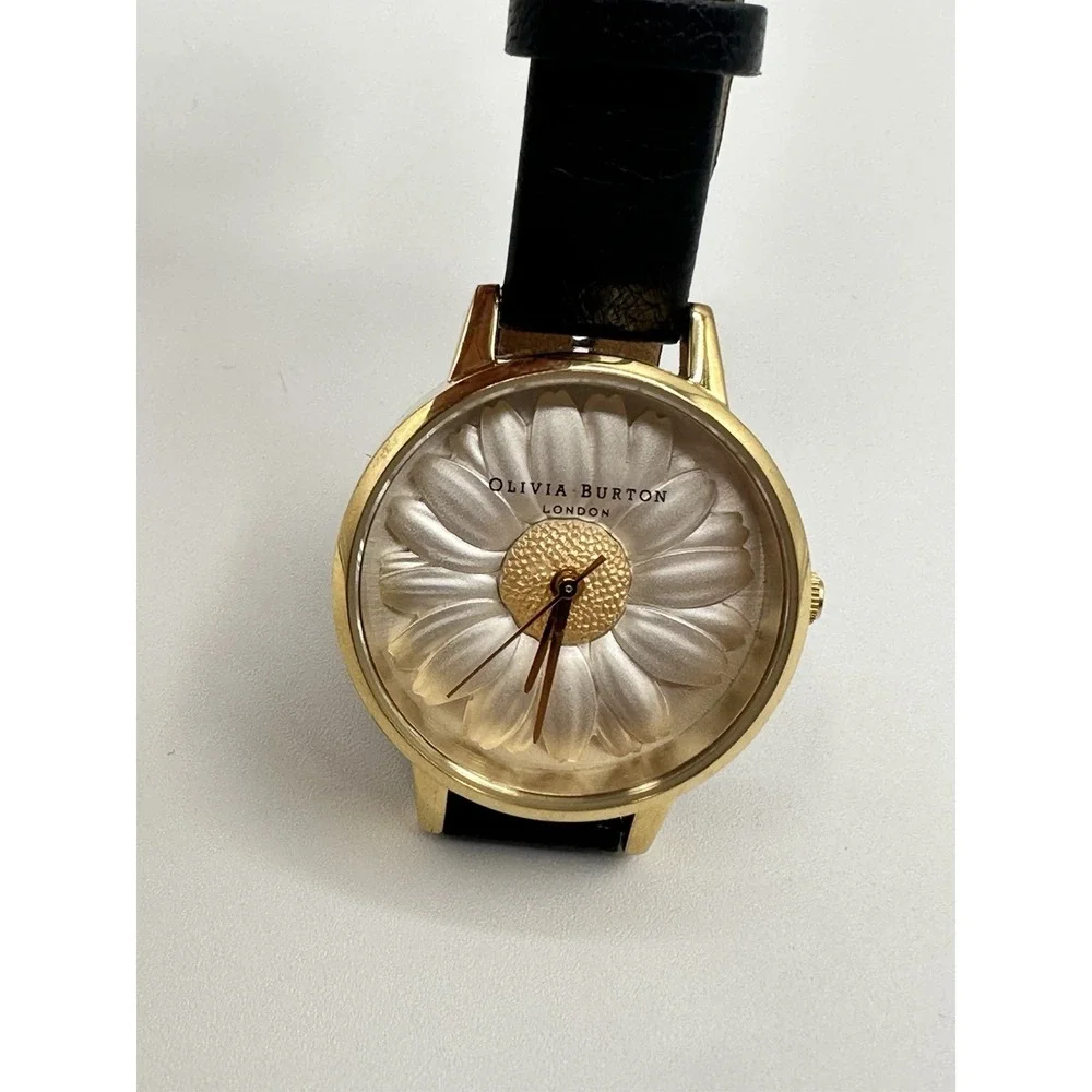Olivia Burton London Daisy Flower Gold Tone Woman's Watch Black Strap OB15EG38